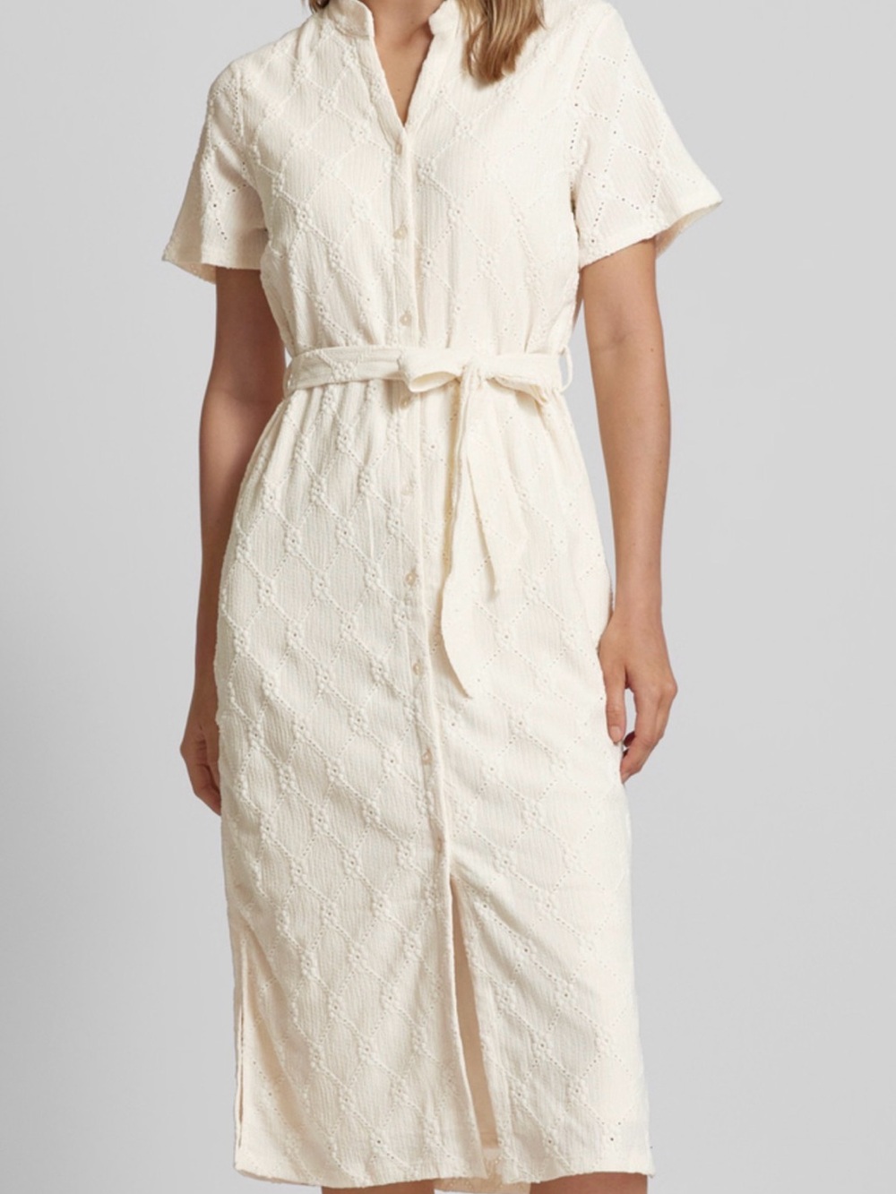 VILA Cream Eyelet Button-Front Midi Dress with Tie Waist